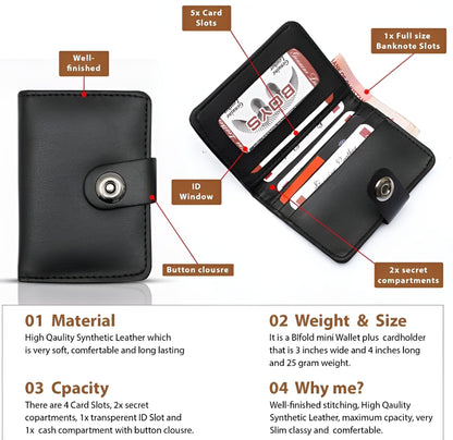 Leather Wallet for Men & Boys | Slim Bifold Design | 5 Card Holders + 1 Main Compartment | Magnetic Button Closure | Black
